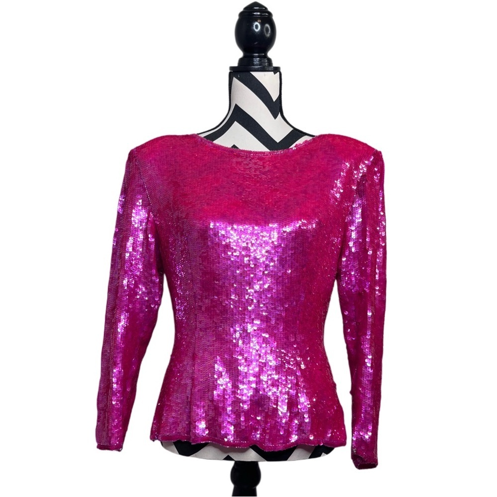 Vintage J.K Laing 100% Silk Sz M Sequin Party Glam Evening Cocktail Blouse